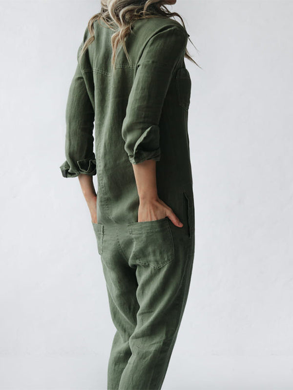 Side profile of women's long sleeve jumpsuit featuring functional pockets