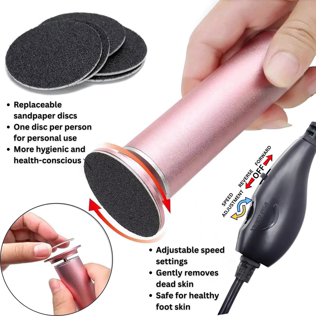Demonstration of the pink electric foot callus remover showing speed controls and replacement sanding discs