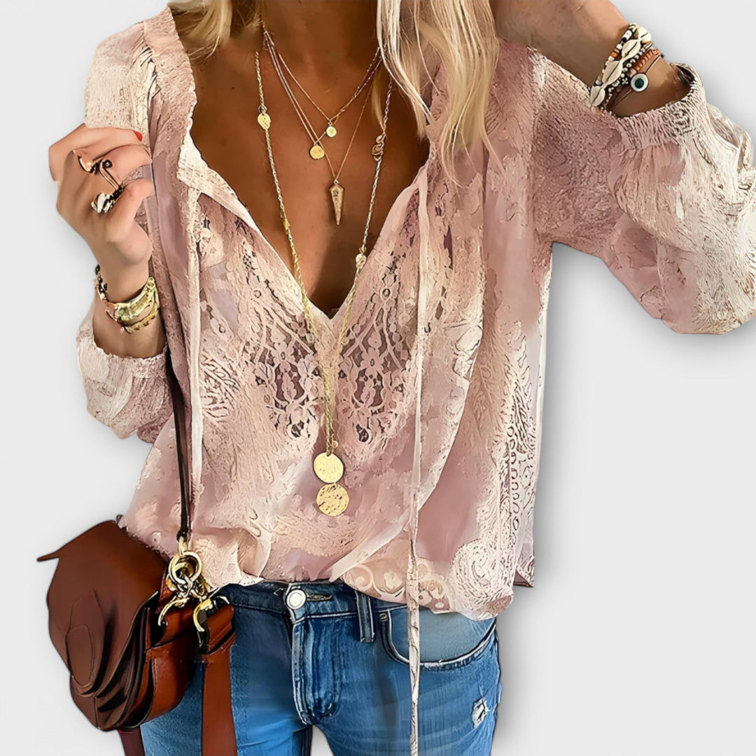 Boho lace overlay V-neck blouse in white, black, and pink casual wear