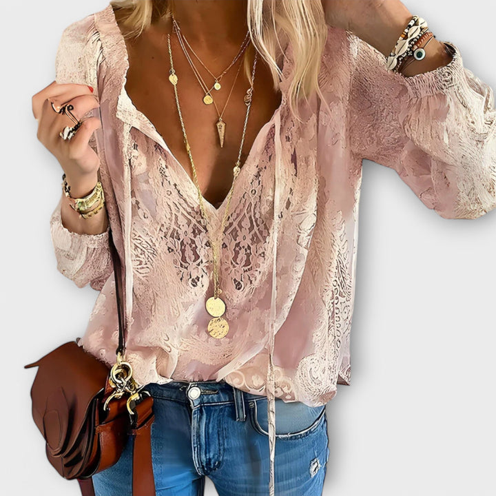 Boho lace overlay V-neck blouse in white, black, and pink casual wear
