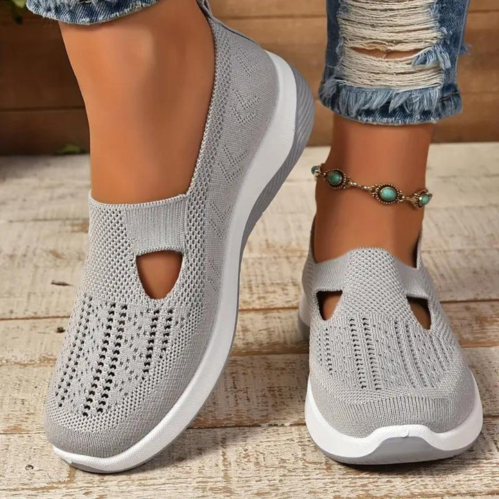 Gray orthopedic walking sneakers with breathable knit upper