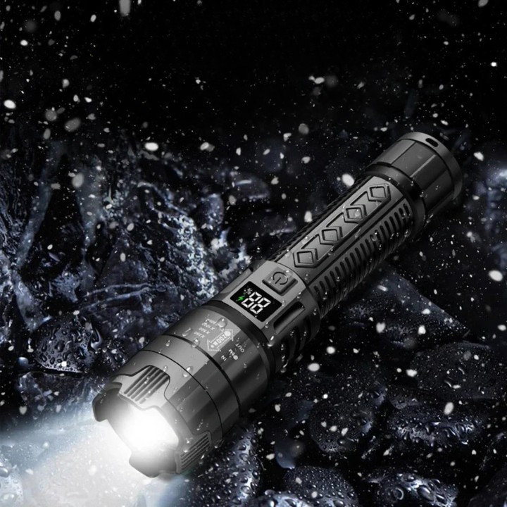 Water-resistant survival flashlight tested in rainy outdoor conditions