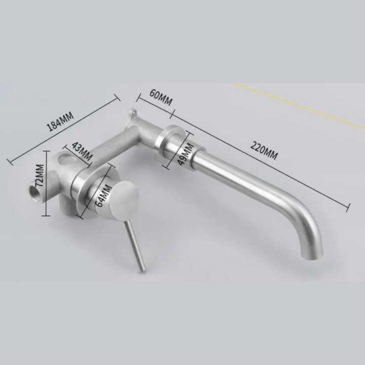 Close-up of wall-mounted bathroom basin faucet in brushed nickel finish