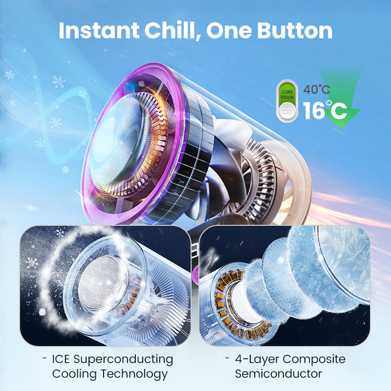 Handheld portable mini cooling fan in white showing LED digital battery display