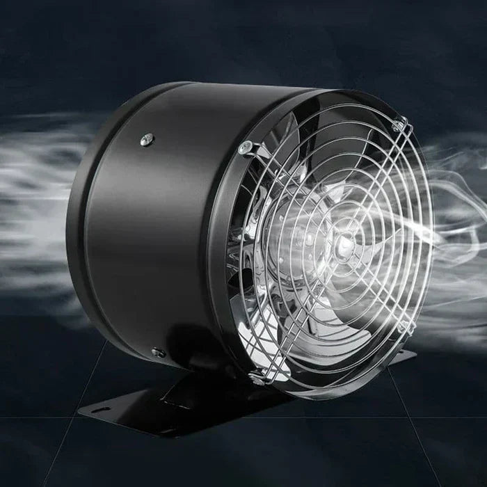 WhisperFlow extractor fan with protective metal grille and mounting stand