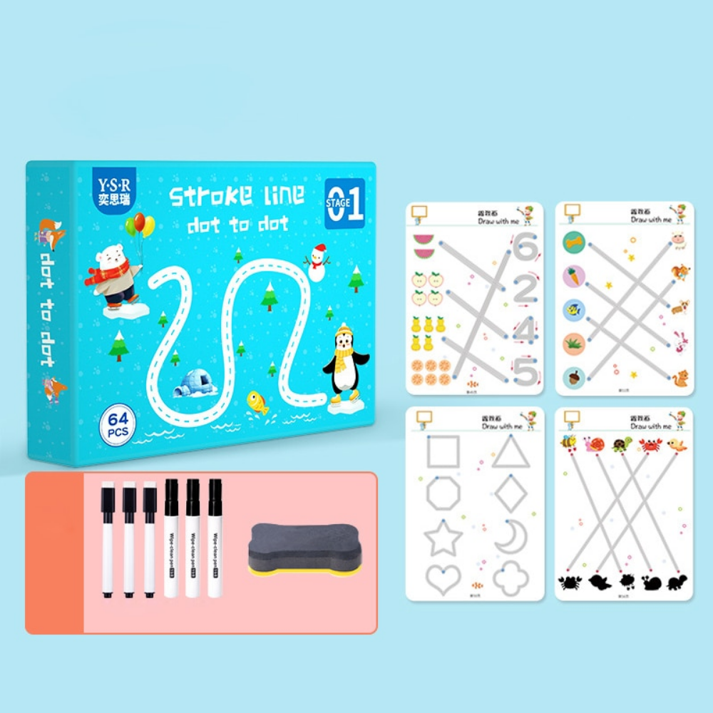 Kids reusable writing and drawing practice board with colorful educational layout