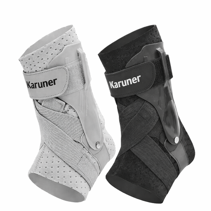 Person adjusting sports protection ankle brace before workout routine