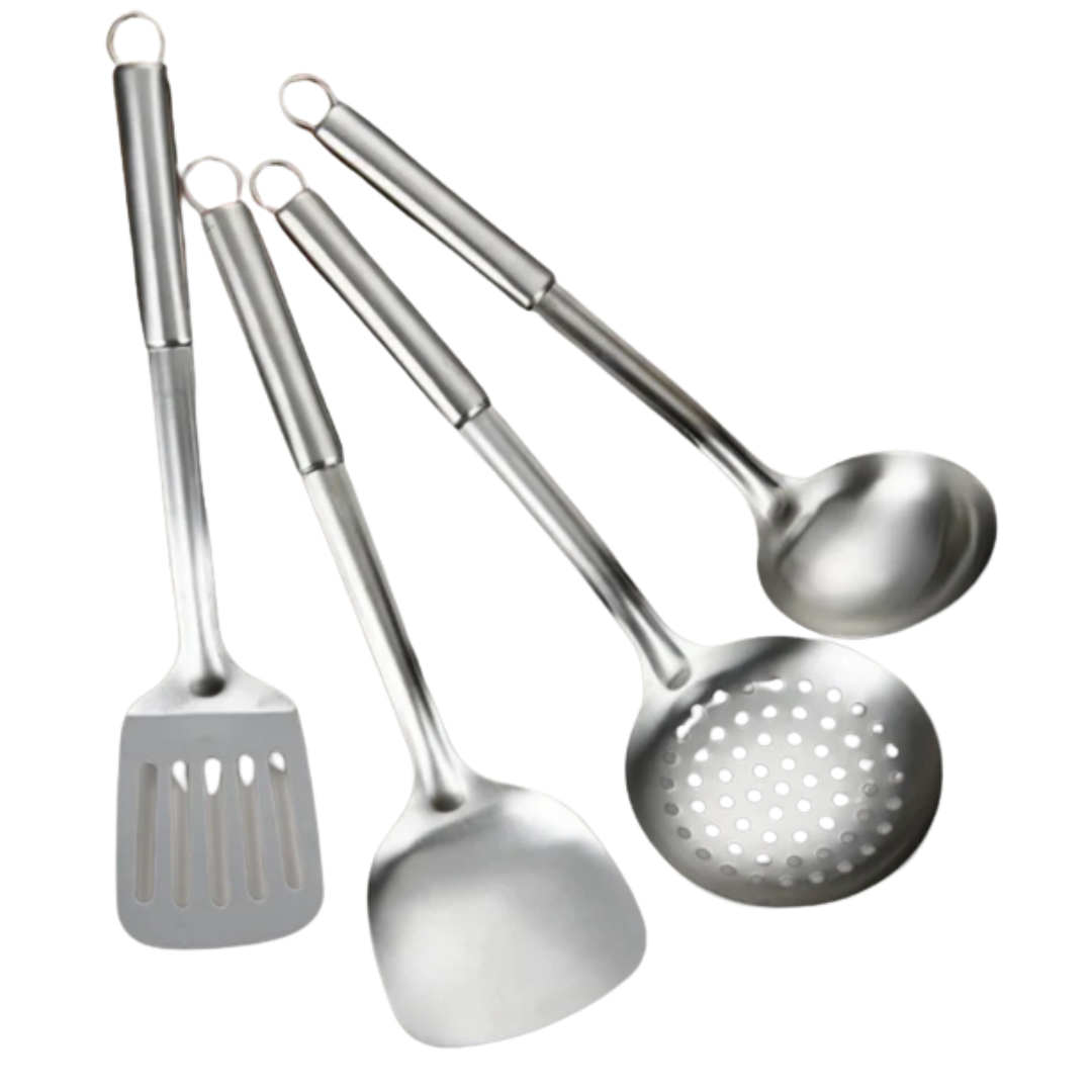 Stainless steel kitchen utensils including slotted turner, spatula, skimmer, and ladle
