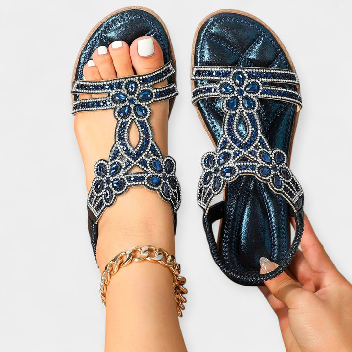 Dark blue sparkling comfort sandals for women with rhinestone details