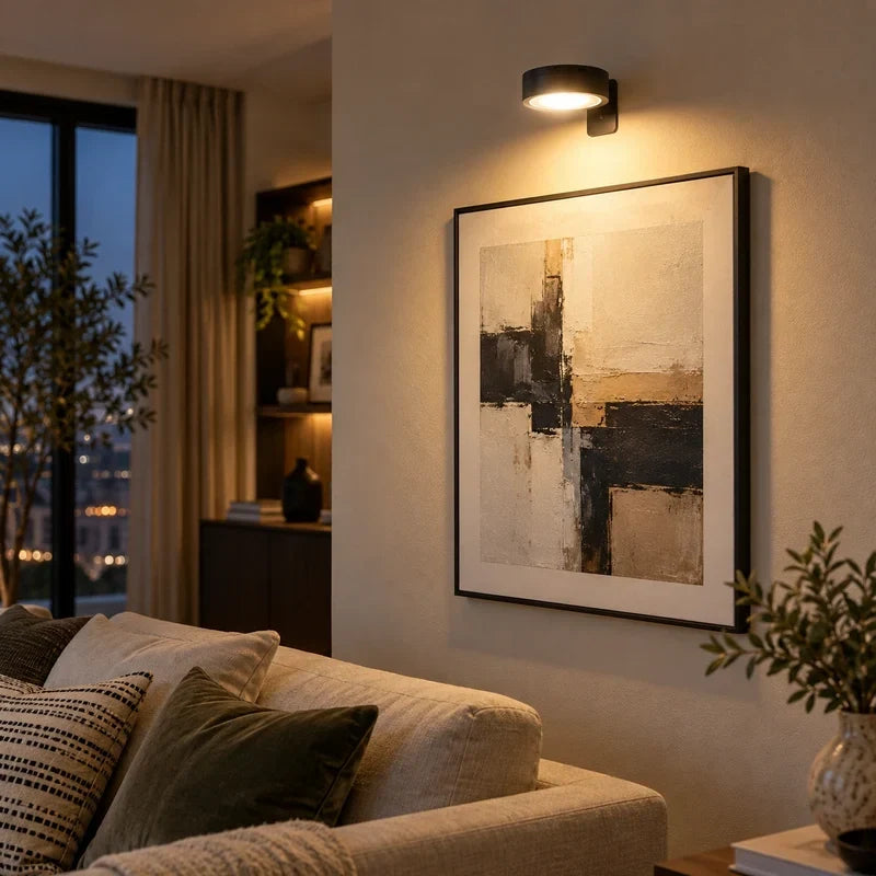 Rechargeable picture light glowing softly in a dimly lit hallway above a framed poster