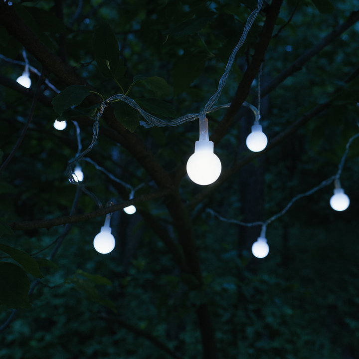 Flexible copper wire LED fairy lights wrapped around a tree trunk in yard