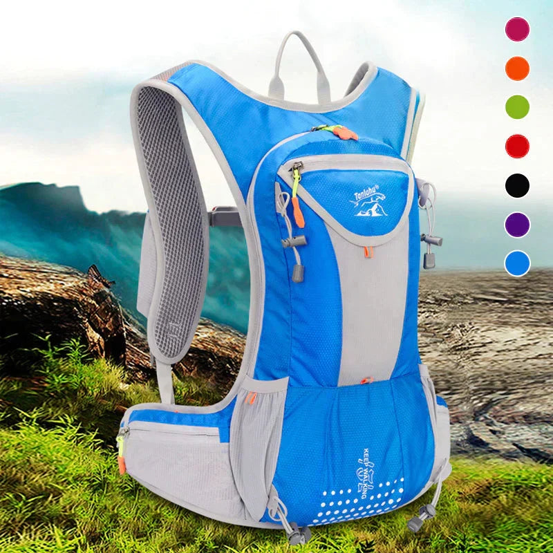Waterproof hydration backpack in vibrant blue with exterior colour swatches displayed