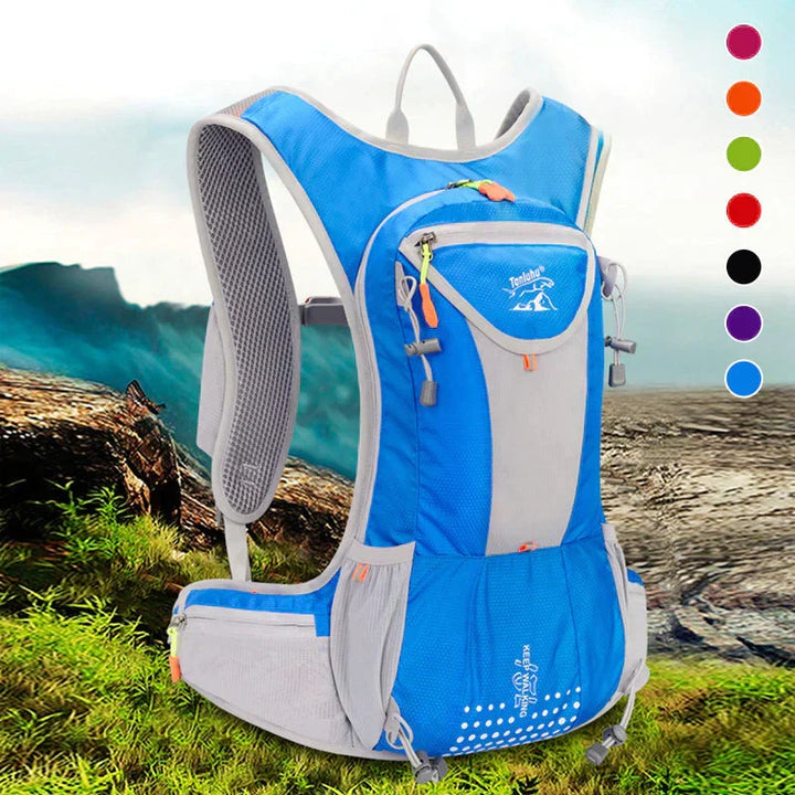 Waterproof hydration backpack in vibrant blue with exterior colour swatches displayed
