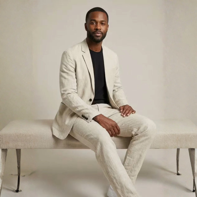 Modern men's clothing set with blazer and wide-leg trousers