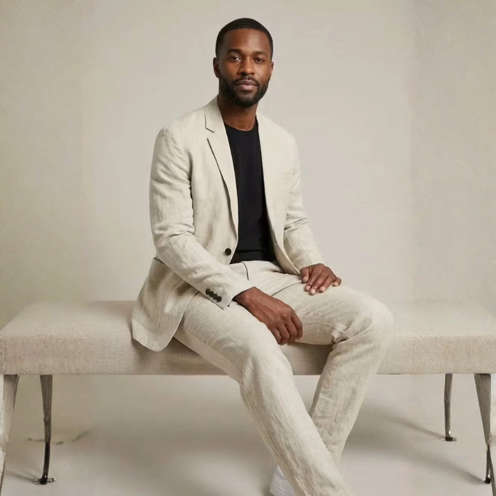Modern men's clothing set with blazer and wide-leg trousers