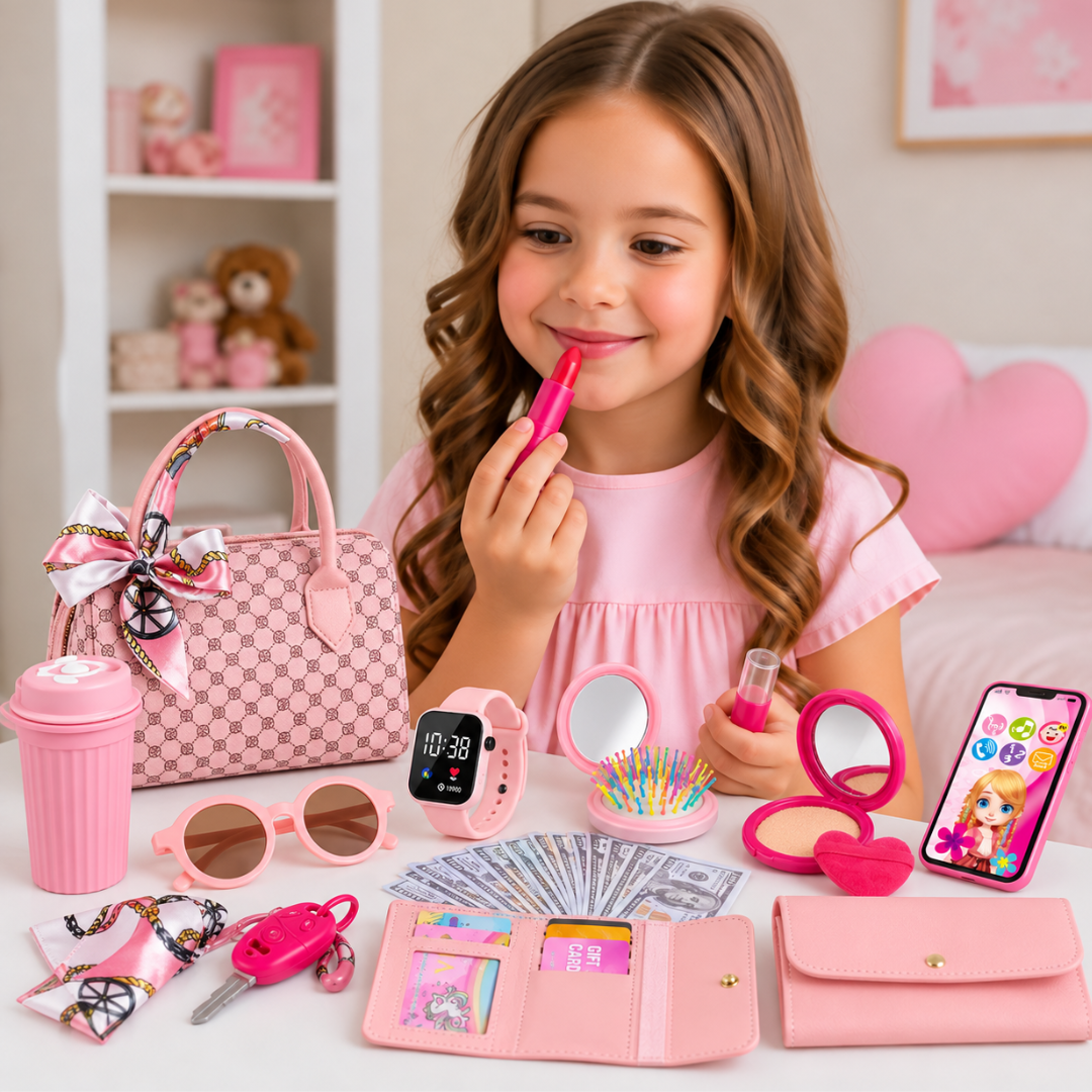 Young girl playing with pink pretend handbag and toy makeup set