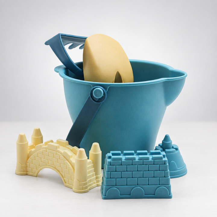 Blue sand bucket with castle molds and watering accessories