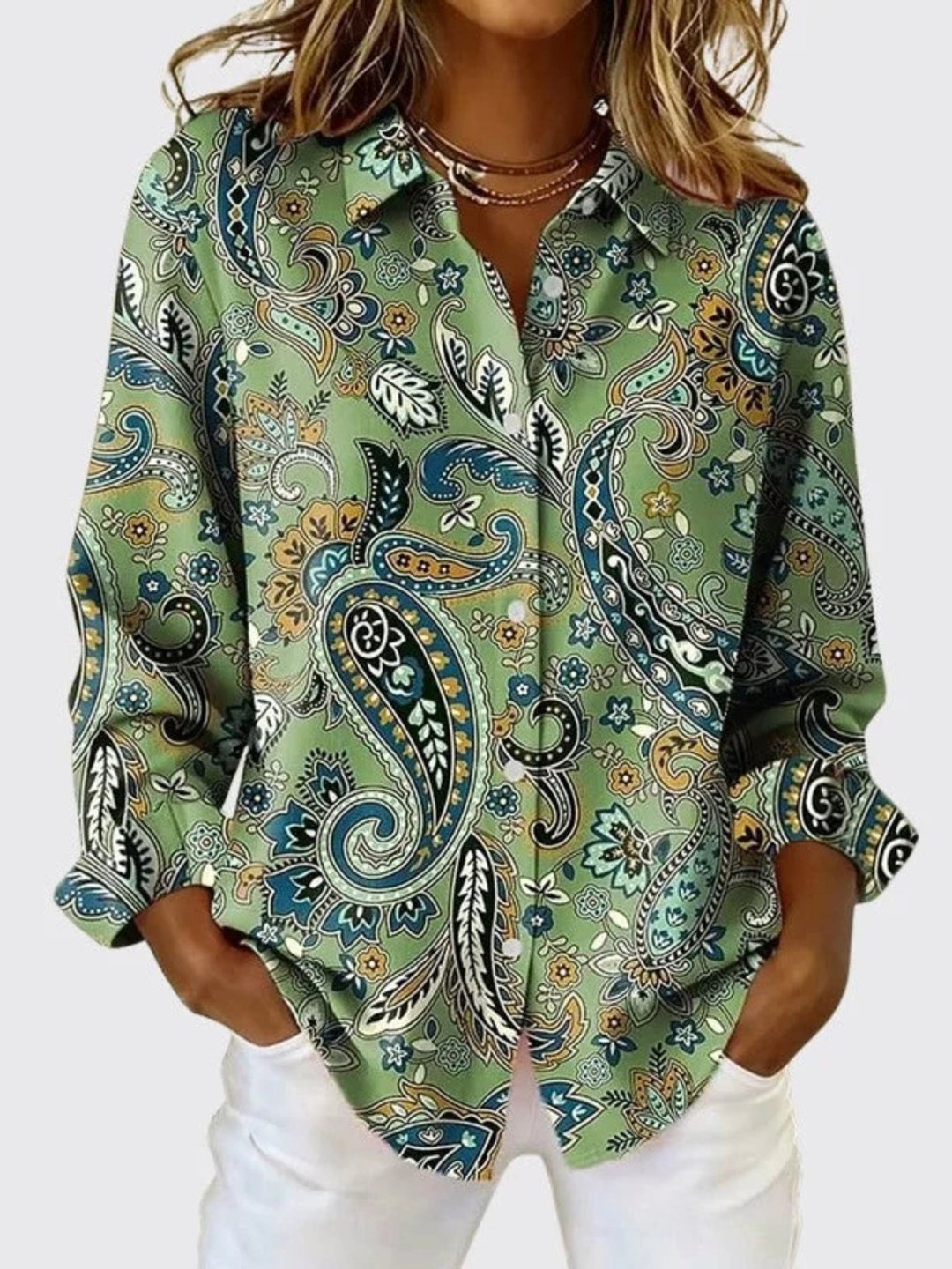Women's paisley print long sleeve button-up blouse front view