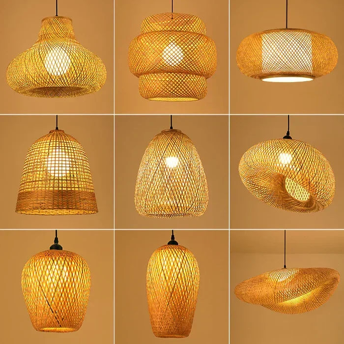 Collection of various handmade rattan lamp shapes and sizes showcasing different designs