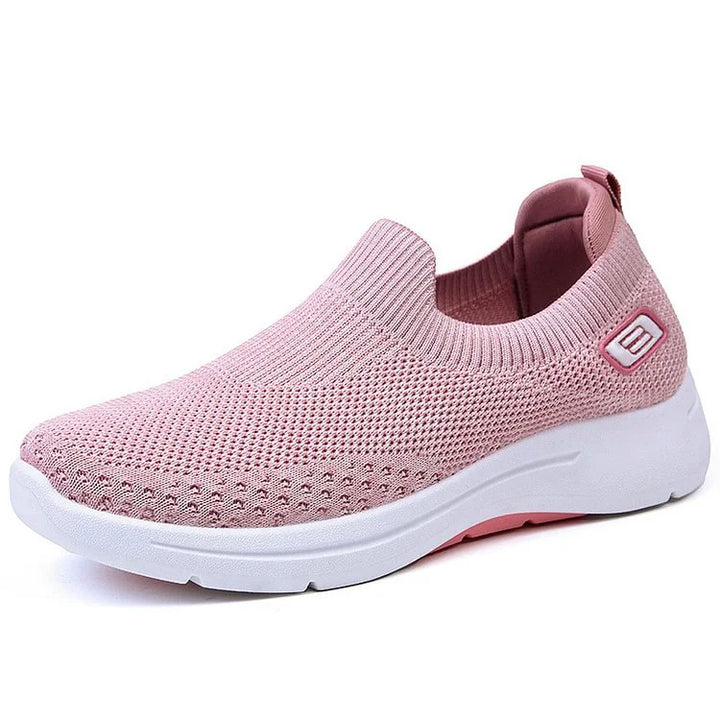 Close-up of breathable mesh upper on comfortable women's sneakers