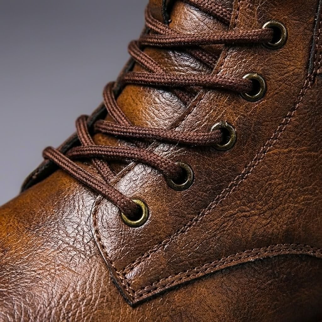 Close-up view of brown men's boots showing lace-up closure and eyelets