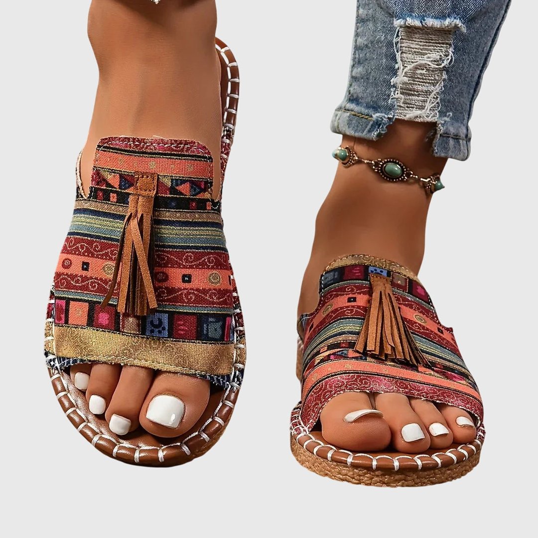 Lifestyle shot of women's arch support sandals worn outdoors in summer