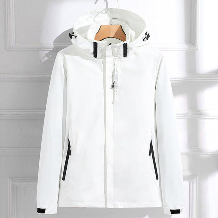 Women's waterproof hooded rain jacket back view showcasing windbreaker design and length.