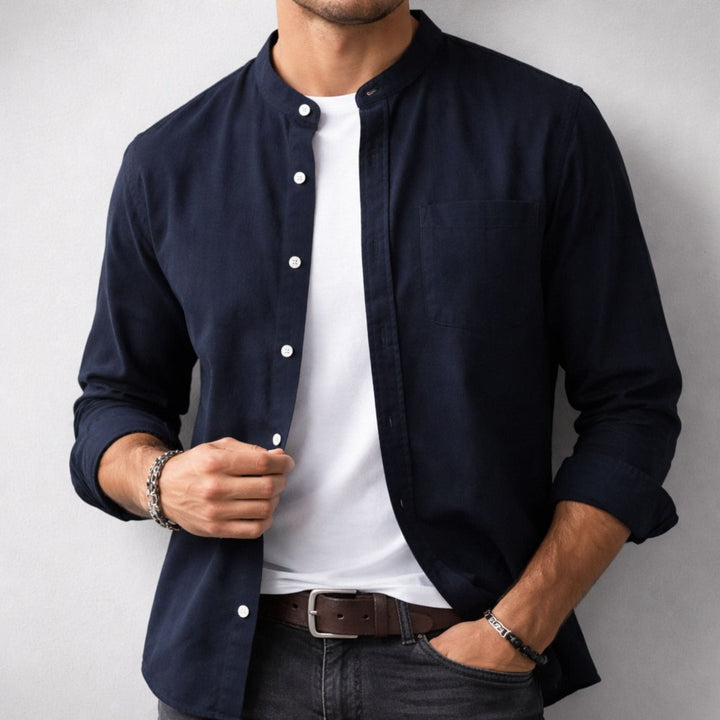 Fabric drape and fit of men's long sleeve shirt
