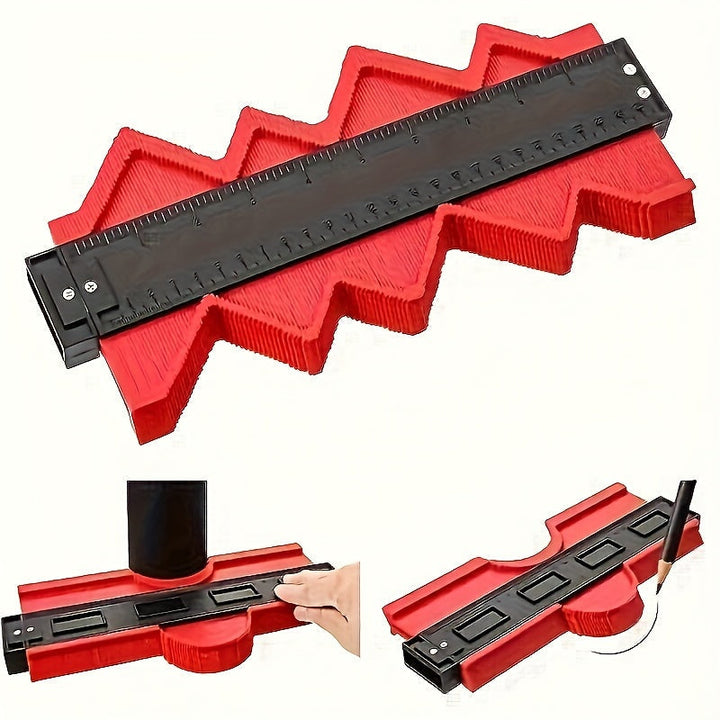 Red contour duplication gauge showing shape replication and built-in ruler scale