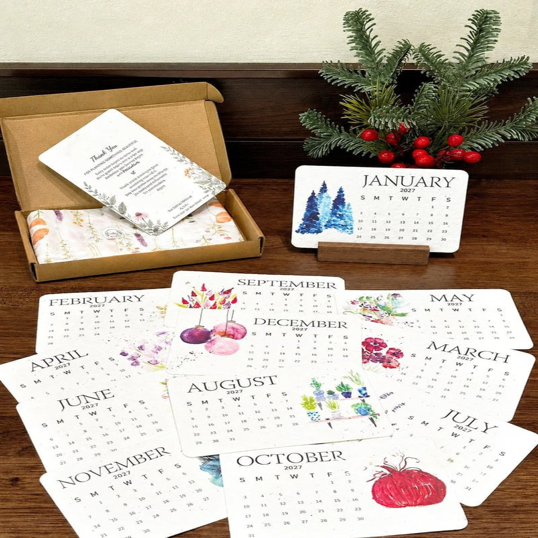 Plantable seed paper 2027 calendar page with herb flower graphics eco friendly