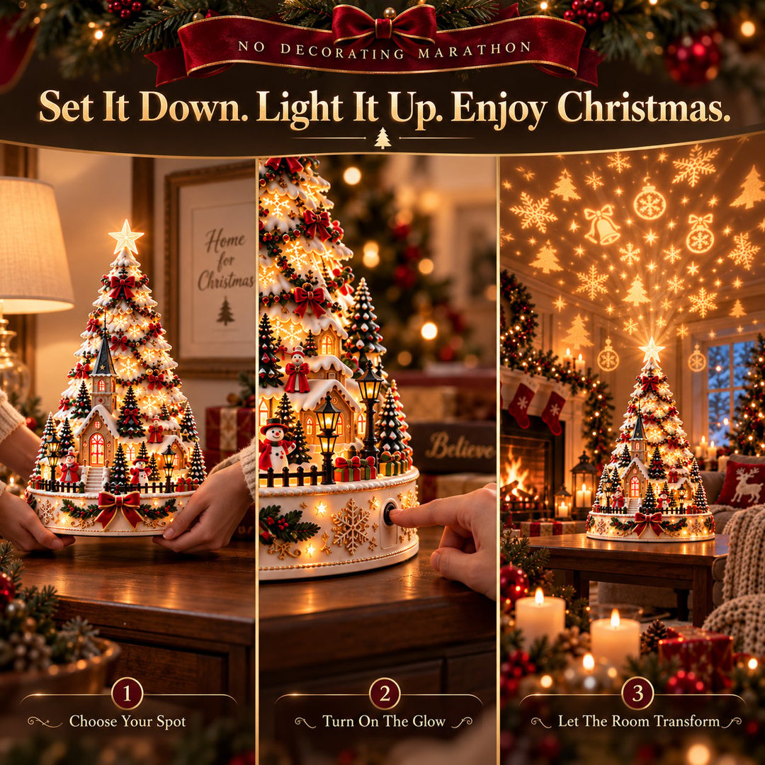 Glowing christmas village accent tree with festive light display