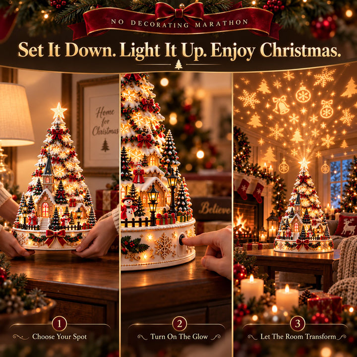 Glowing christmas village accent tree with festive light display