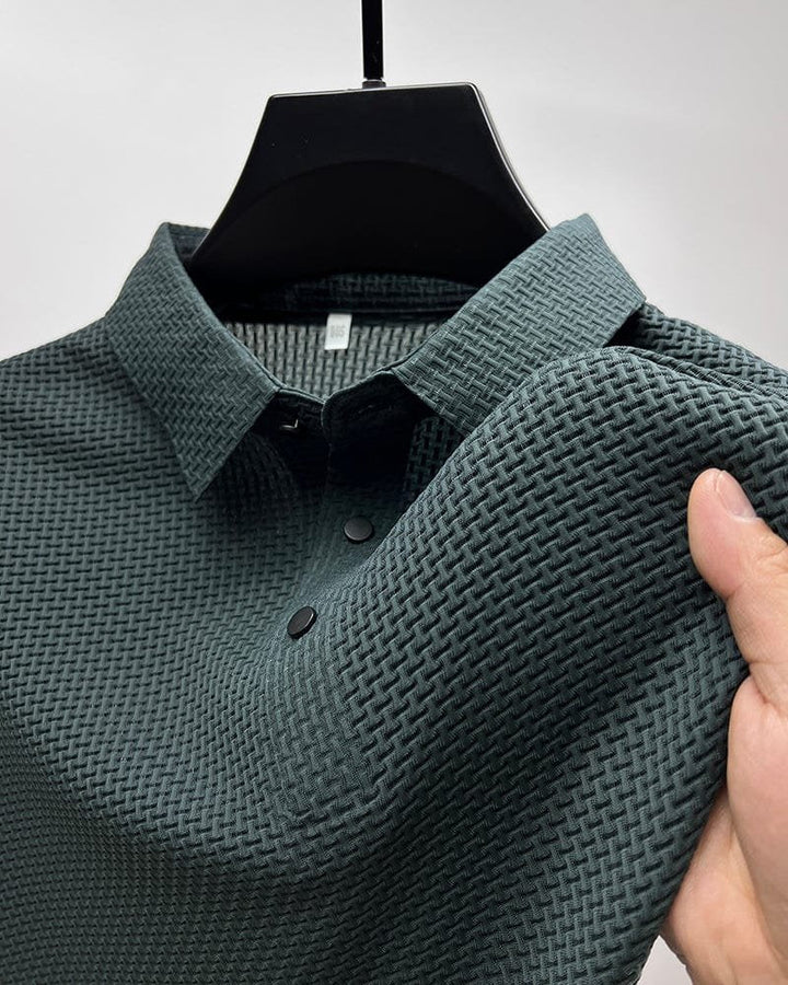 Detailed shot of textured mesh fabric on casual polo