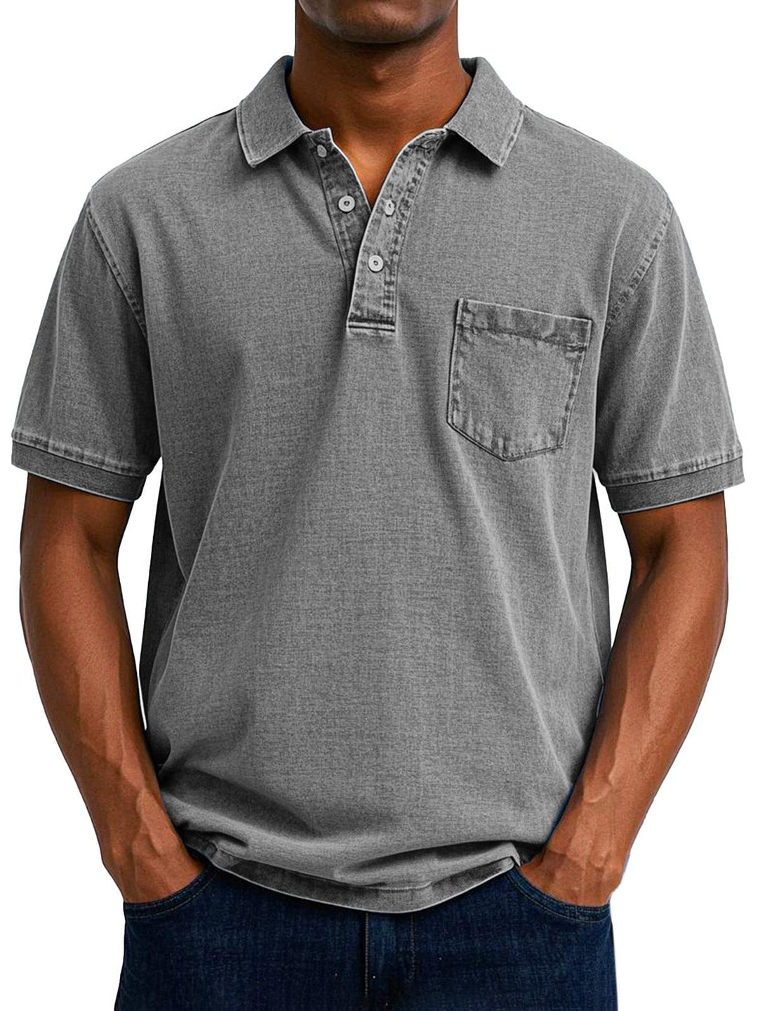 Man wearing gray vintage casual polo shirt in relaxed fit