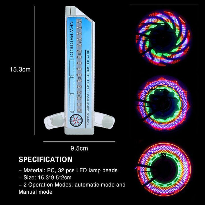 3D bicycle spoke LED light unit with dimensions and vibrant wheel patterns shown