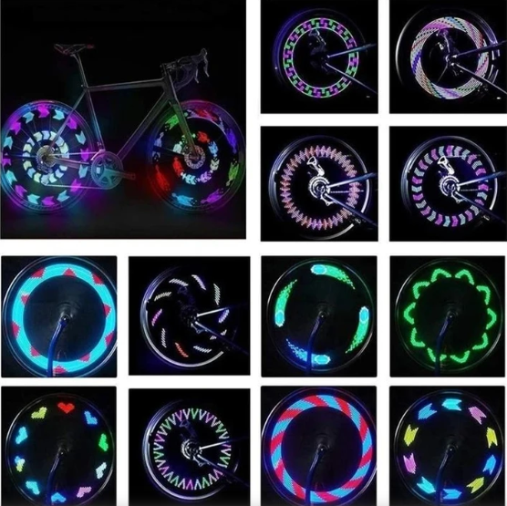 Complete set of 3D bicycle spoke LED lights installed on a bike wheel.