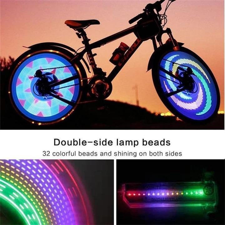 Close-up of vibrant LED bike wheel light attached to spokes for enhanced visibility.