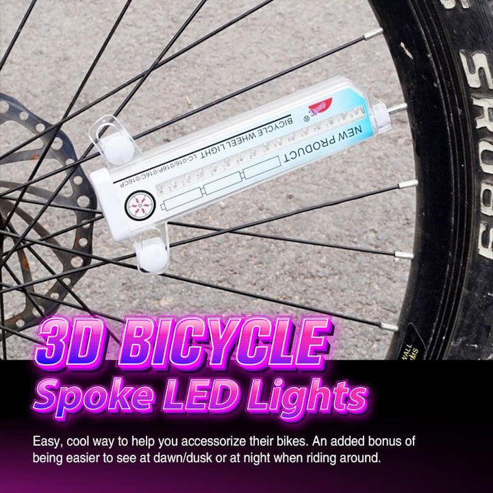 Cycling safety LED spoke lights glowing brightly on a bicycle wheel in the dark.