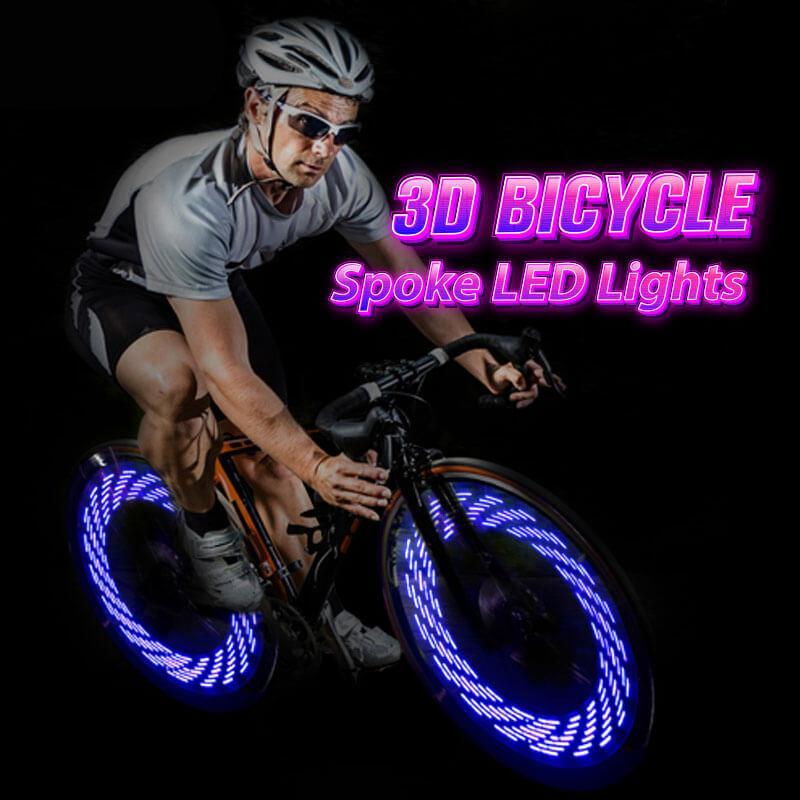 Dynamic 3D bicycle spoke lights creating colorful patterns while riding at night.