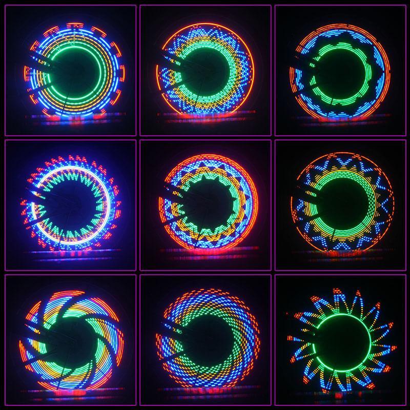 Bright multicolored led bike wheel light spinning to ensure night cycling safety.