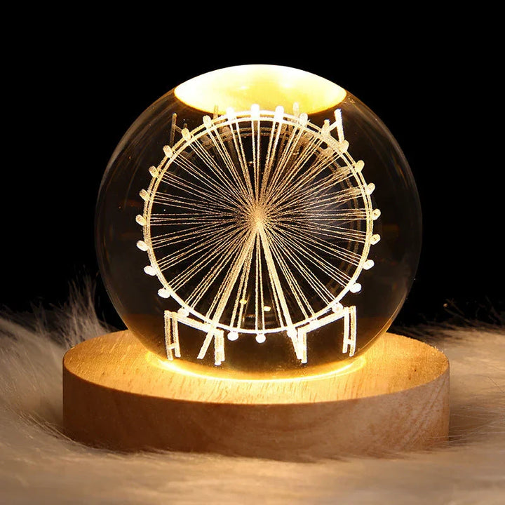 Ferris wheel 3D engraved crystal globe lamp with warm LED glow