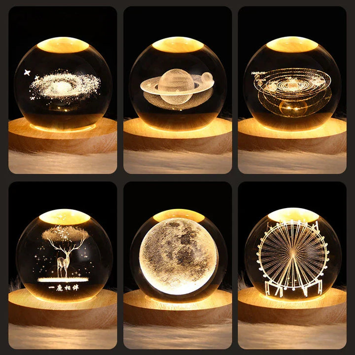 Aesthetic crystal ball home decor plugged in and illuminating a desk