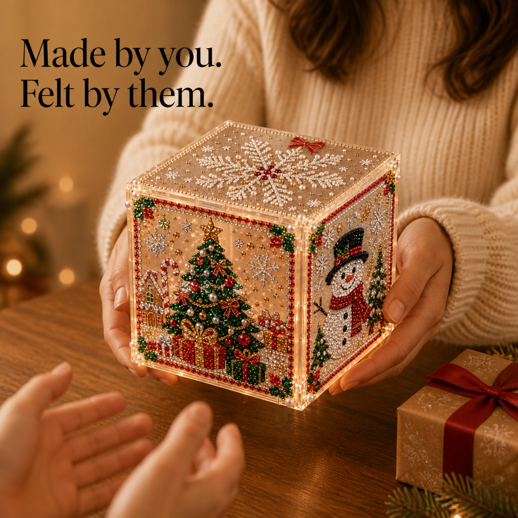 Wrapped Christmas gift box displaying vibrant diamond painting craft details