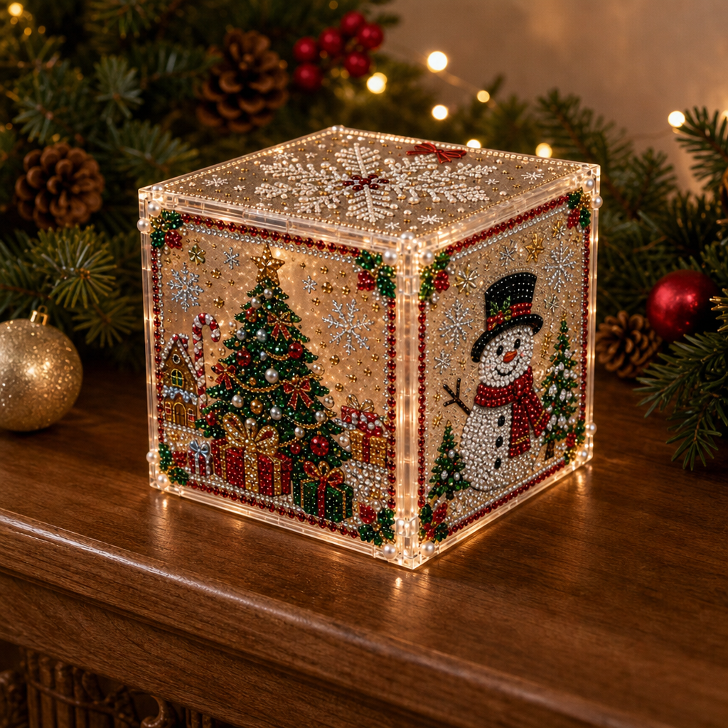 Completed 3D diamond painted Christmas gift box glowing on a wooden mantelpiece