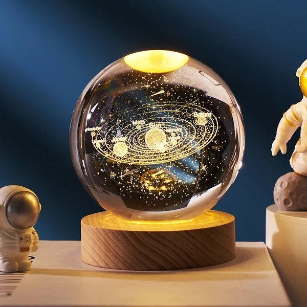 3D Planet Crystal Ball displaying the solar system on an illuminated wooden base