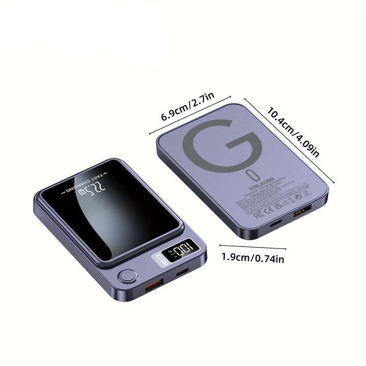 Purple magnetic power bank with dimension measurements in centimeters and inches