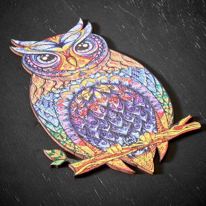Detailed view of the finished wooden owl puzzle resting on a dark surface