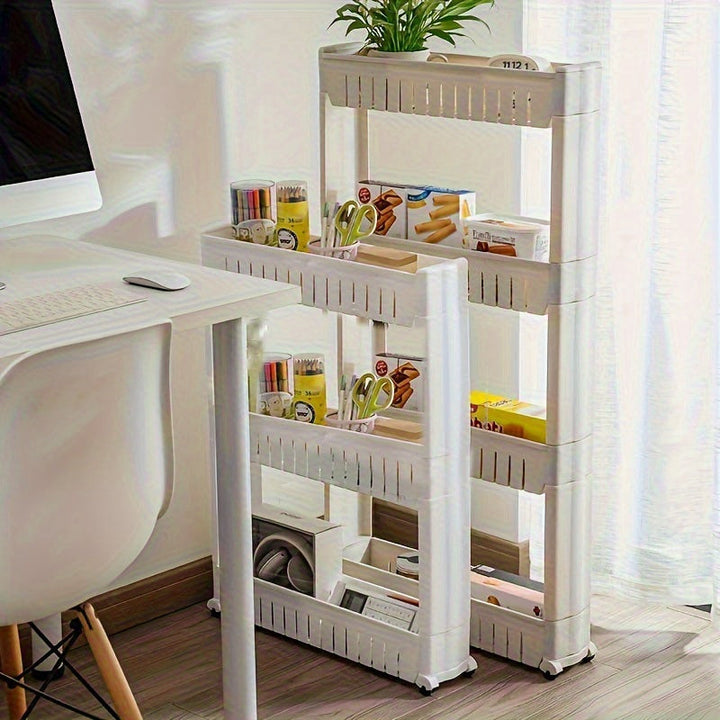 Slim rolling utility cart parked between kitchen units for space-saving storage