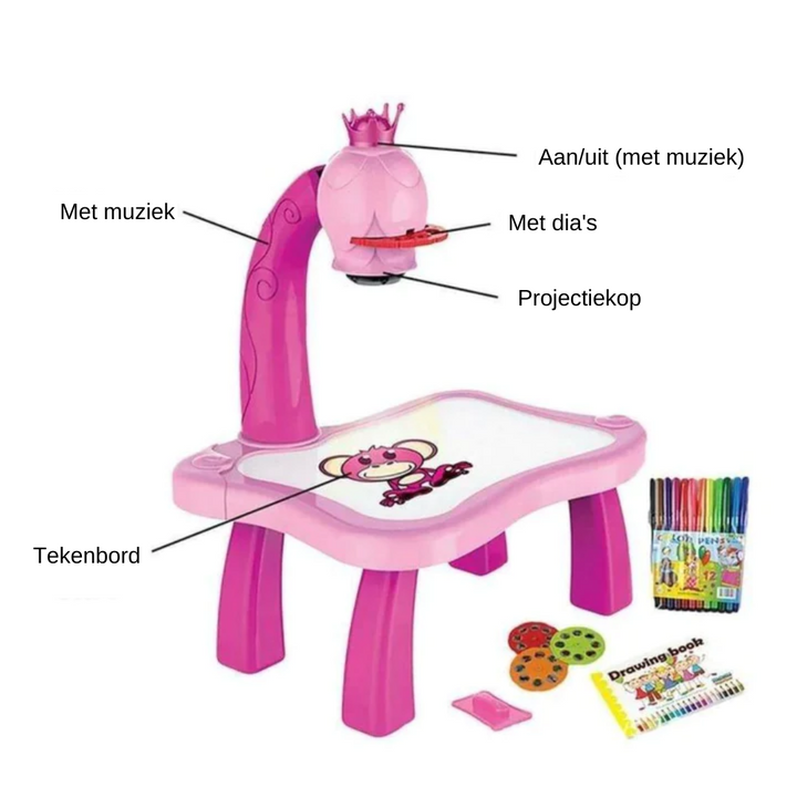 Pink ArtMaster Projector Board highlighting music, light, and slide features