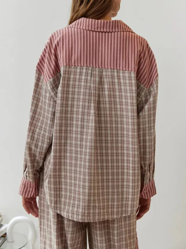Full view of women cozy plaid button-up sleepwear two piece lounge set